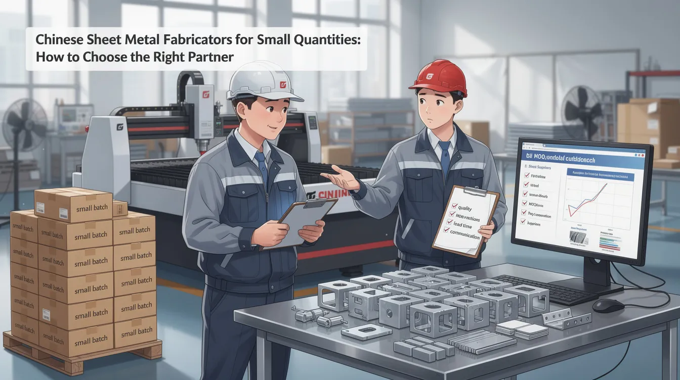The image depicts a professional setting showcasing various sheet metal fabrication processes, including laser cutting and welding, with a focus on custom sheet metal parts designed for small quantities. It highlights the capabilities of a Chinese sheet metal manufacturer, emphasizing quality control and precision in metal fabrication services.