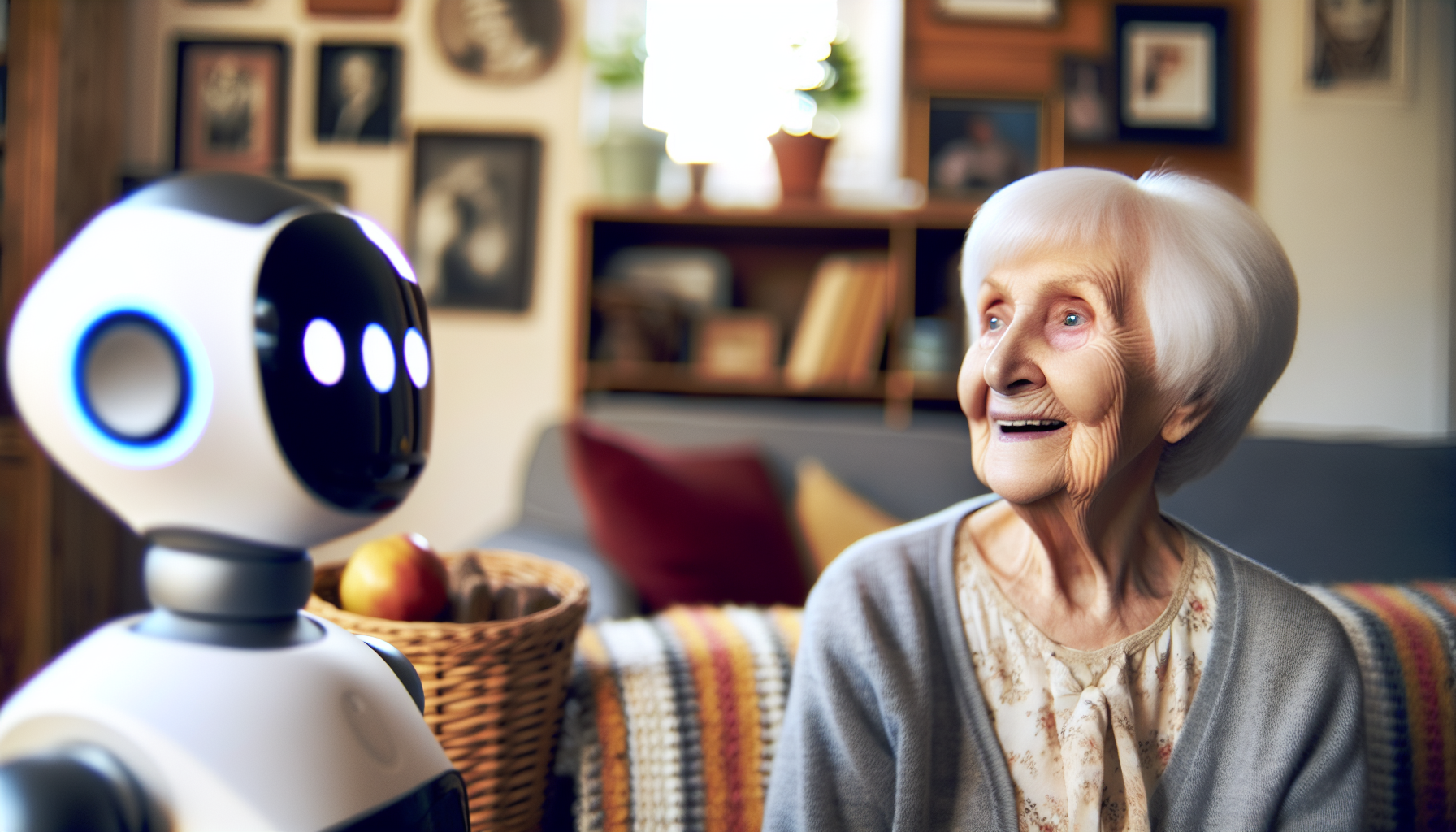 Elderly woman smiling while interacting with AI companion