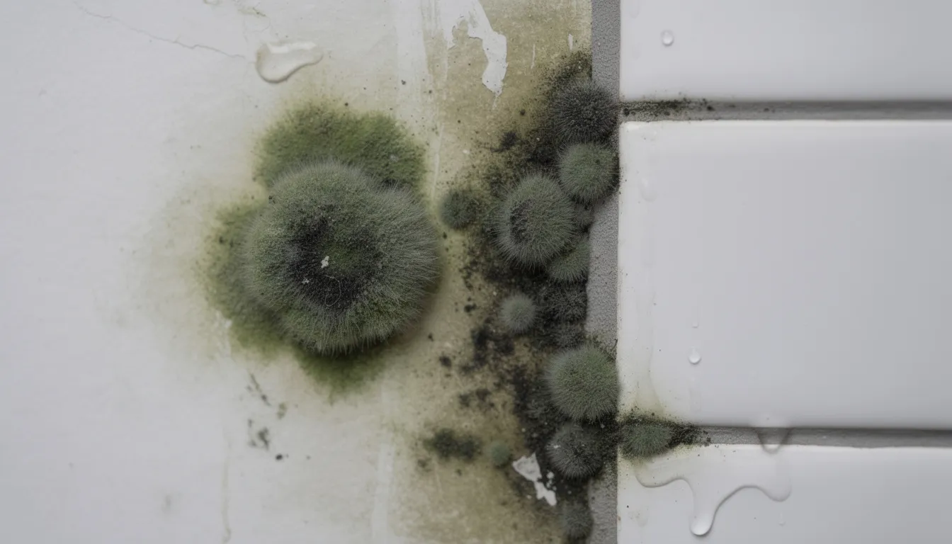 A close-up view of fuzzy green and black mold growing on a damp bathroom wall, particularly near the tile grout, highlights the conditions that facilitate mold growth, such as excess moisture and poor ventilation. This image serves as a reminder of the health hazards posed by mold colonies, which thrive in high humidity environments.