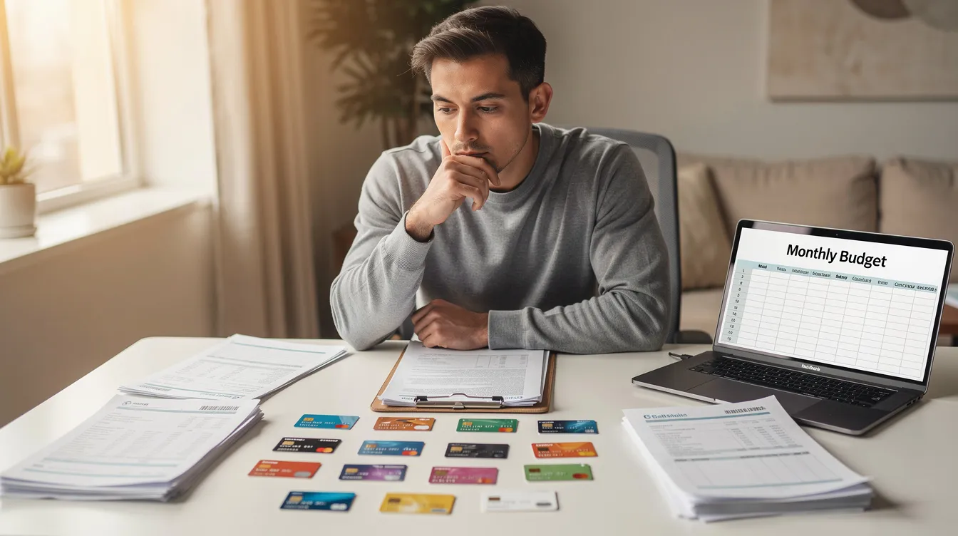 A thoughtful person sits at a desk cluttered with various credit cards and financial documents, contemplating their financial situation, possibly related to debt restructuring and personal loans. The scene reflects the complexities of managing debts and understanding repayment terms in a financial context.