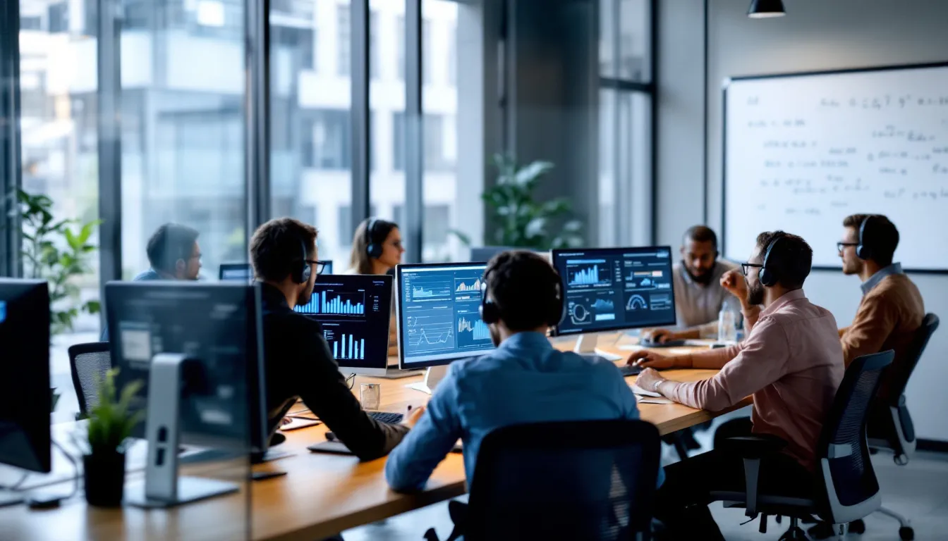 A team of data scientists is collaborating around computer screens displaying colorful data visualizations, showcasing various data analytics and data engineering tasks. They are likely discussing how to leverage tools like Azure Data Factory for scalable data transformation and effective data integration services.