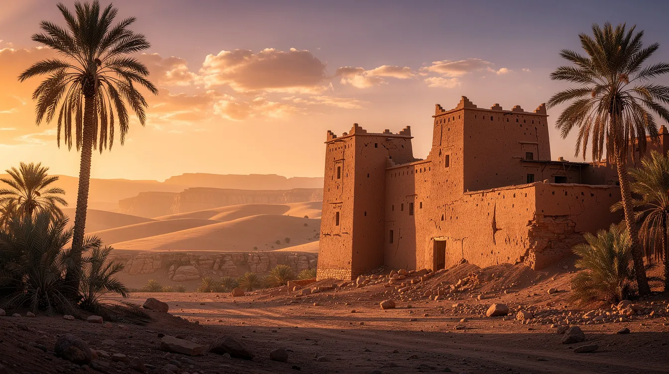 The image depicts an earthen kasbah at sunset, surrounded by palm trees and desert hills, bathed in warm golden light. This picturesque scene captures the essence of Morocco's historical architecture, reminiscent of the fortified villages found in iconic landmarks like Aït Ben Haddou, a UNESCO World Heritage site.