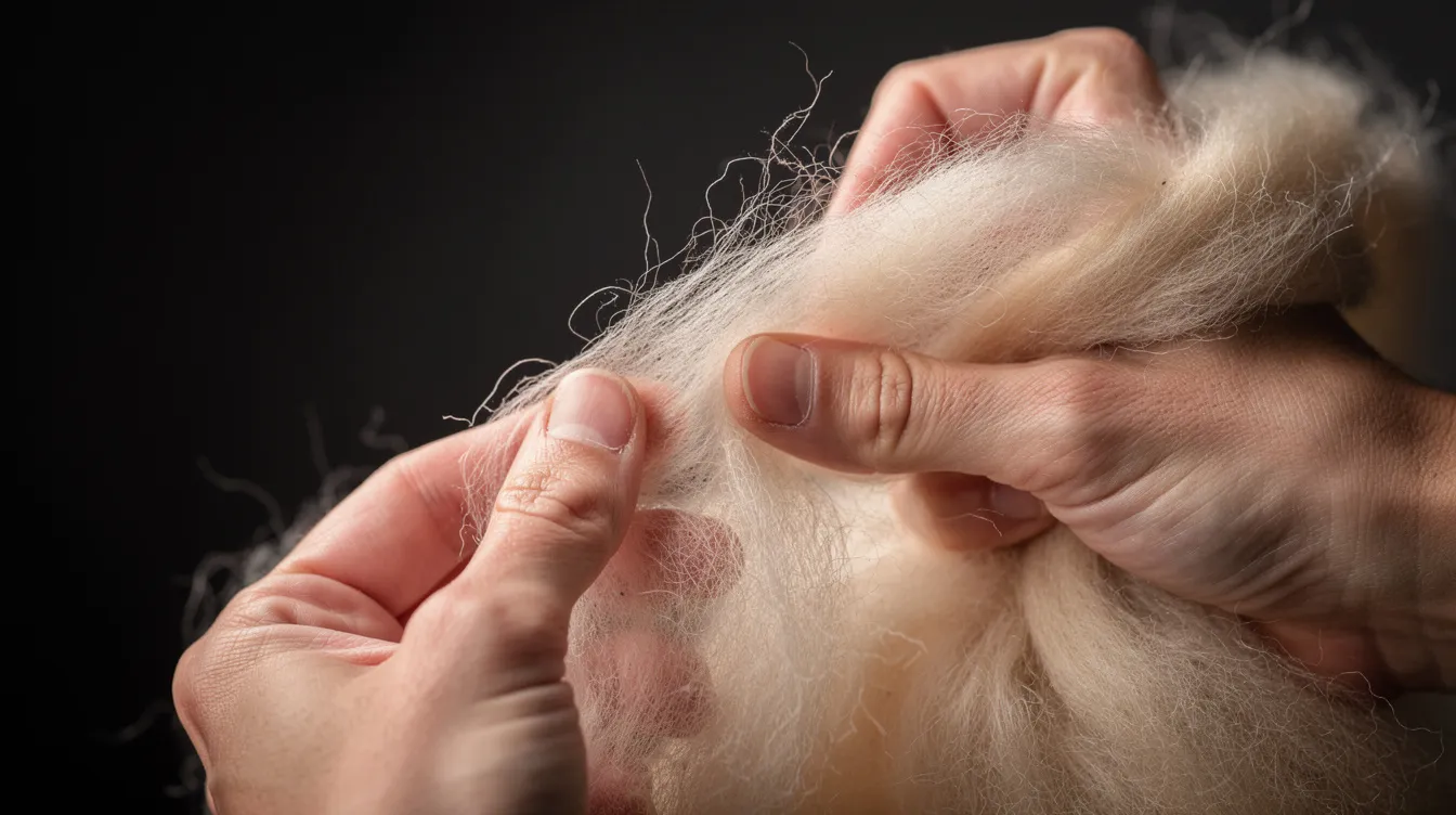 A close-up image shows hands delicately pulling apart fine, cream-colored merino wool fibers against a dark background, highlighting the softness and texture of the wool produced from merino sheep. The image emphasizes the luxurious quality of merino wool, known for its breathability and moisture-wicking properties.