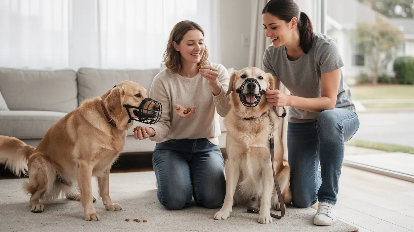 The image depicts a dog comfortably wearing a basket muzzle during a training session, with its owner encouraging the dog by offering treats like string cheese. The setting suggests a positive atmosphere for starting muzzle training, highlighting the importance of making the dog feel at ease while wearing a muzzle.