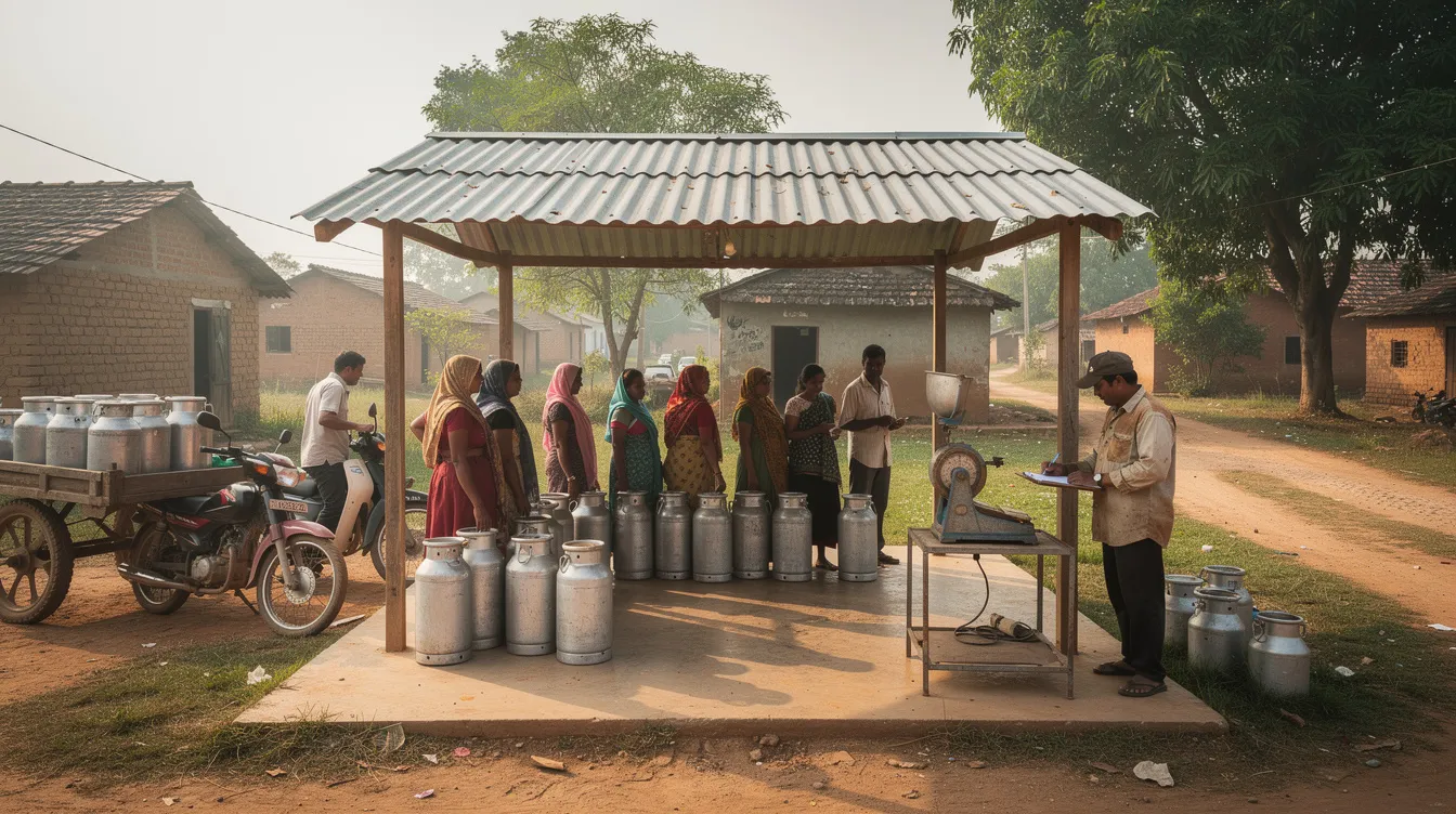 The image shows a rural village milk collection point where farmers are arriving with metal cans filled with fresh milk, gathered near a small covered shed. This setting highlights the initial stages of milk production, crucial for the dairy products industry and the milk powder market.