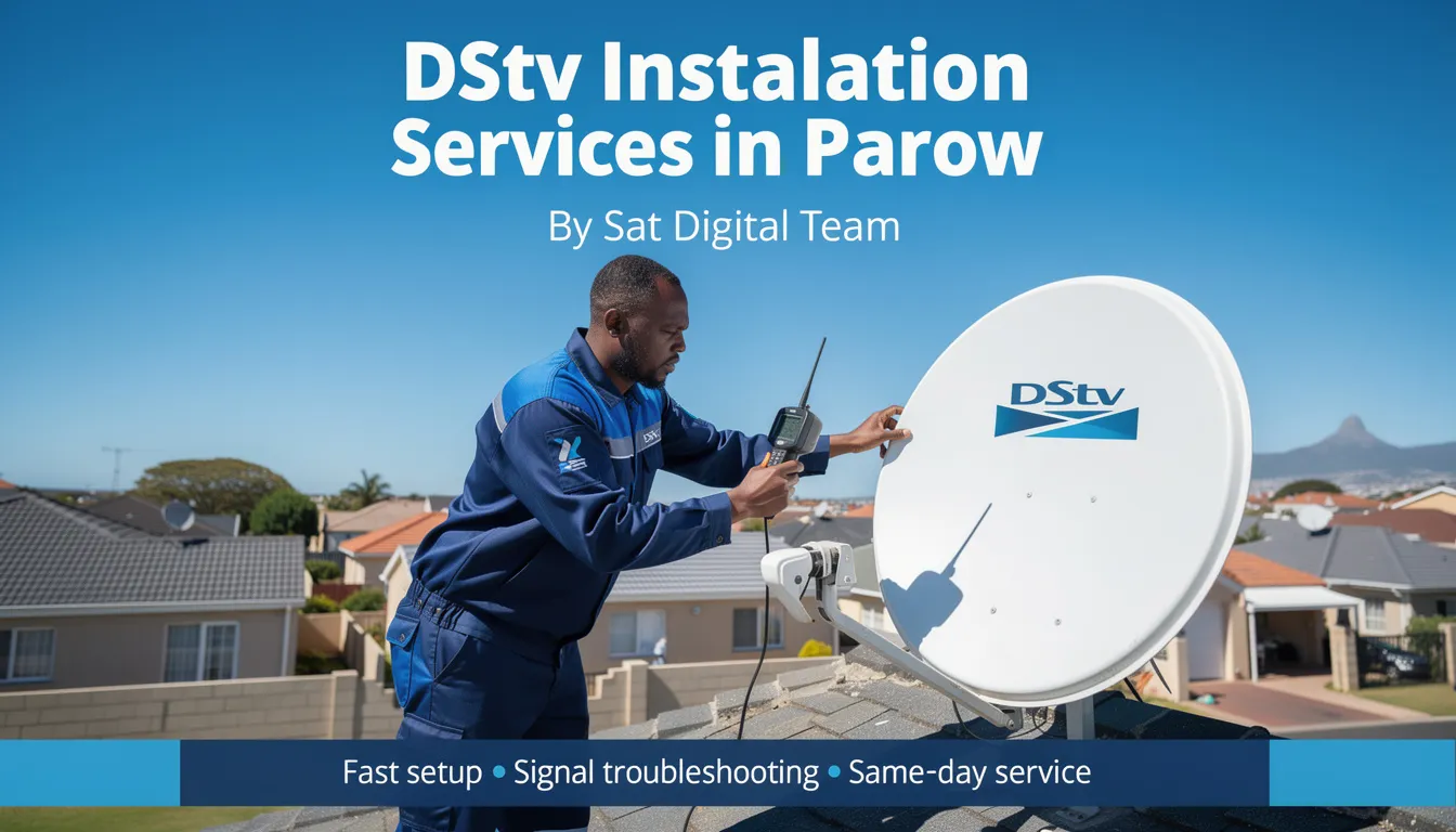 The image depicts a professional DStv installation service being carried out by the Sat Digital Team in Parow, showcasing a qualified technician installing a DStv dish and decoder for optimal home entertainment. The scene highlights the team's expertise in providing reliable DStv installation services and troubleshooting signal problems for customers in the area.