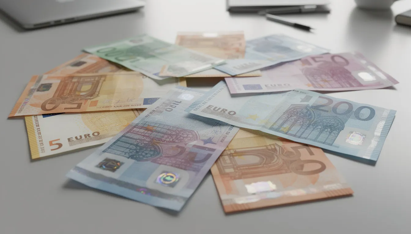 Na biurku znajdują się banknoty euro w różnych nominałach, które symbolizują płynność finansową i handel zagraniczny. W kontekście działalności eksportowej, faktoring eksportowy może stanowić skuteczne rozwiązanie dla przedsiębiorstw, które obawiają się ryzyka braku zapłaty od zagranicznych kontrahentów.