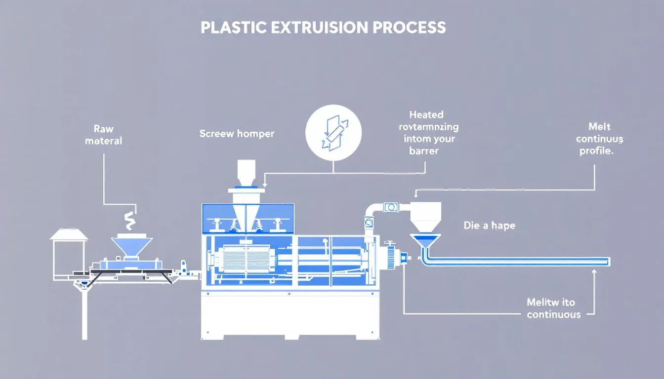 The plastic extrusion process illustrated with equipment in use.
