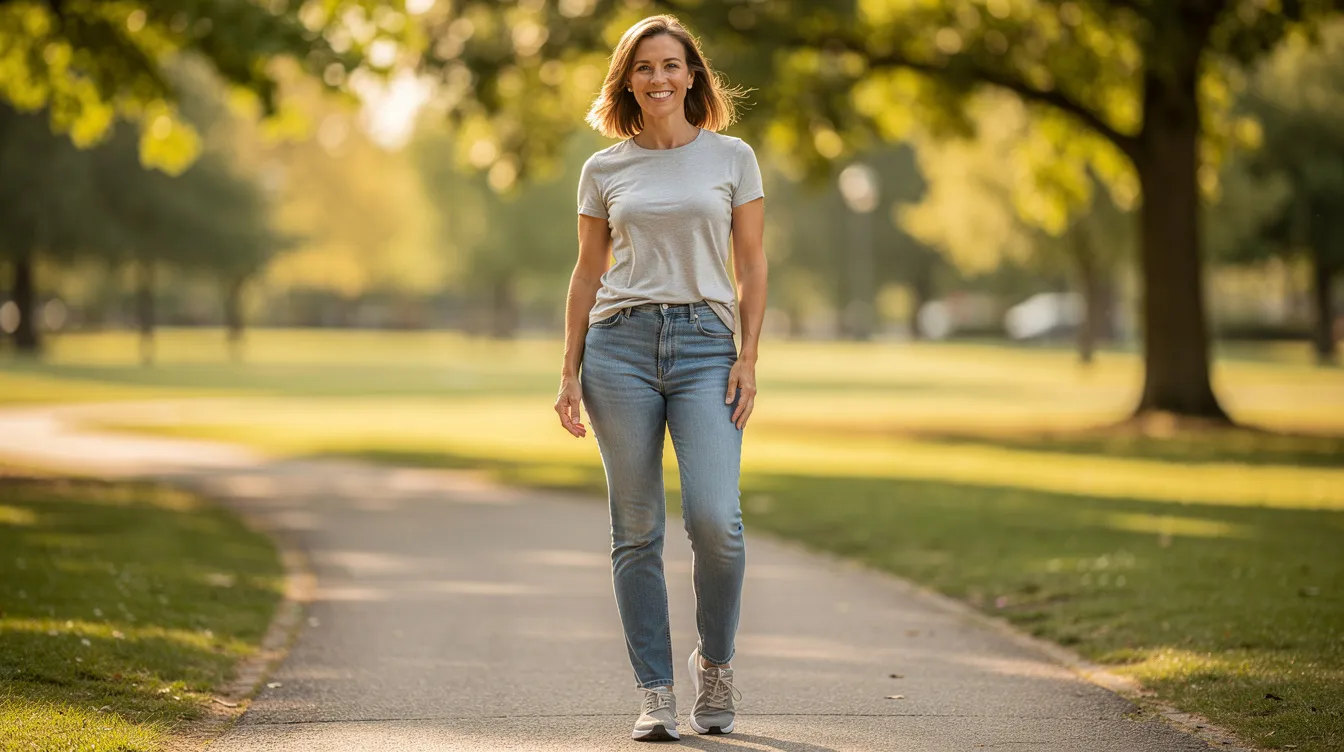 A confident woman is smiling in a park setting, dressed in casual clothing, exuding joy and self-assurance. This image captures the essence of empowerment, often sought after through elective cosmetic procedures like a mommy makeover, which can include breast augmentation and tummy tuck for those looking to enhance their pre-baby body.