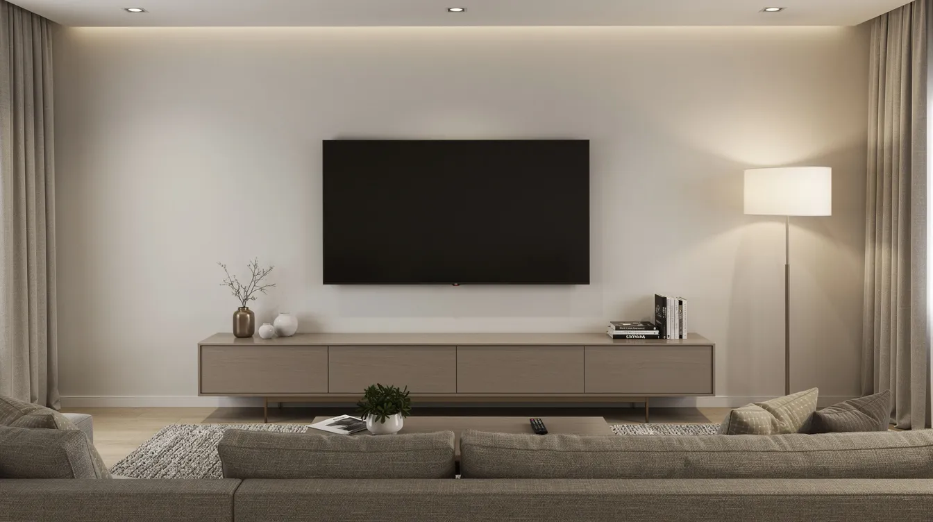 A modern flat-screen TV is elegantly mounted on a living room wall, with cables cleverly hidden for a clean look. This setup highlights the importance of professional DSTV installations for a seamless entertainment experience.