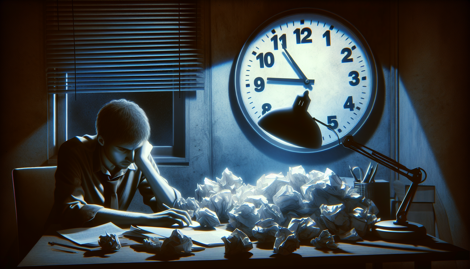 Illustration d'une personne regardant l'horloge et repoussant une pile de travail, symbolisant la procrastination