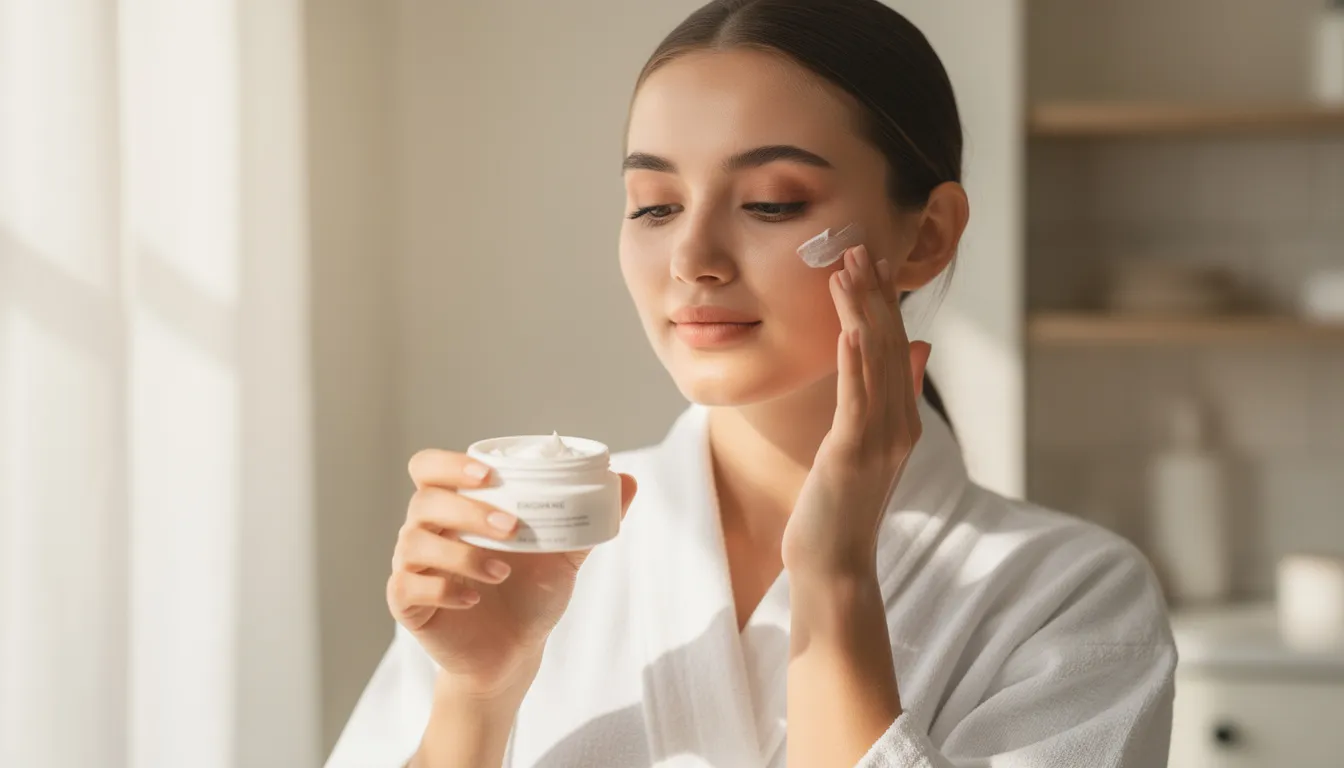 A woman is applying a creamy tallow face cream to her skin in soft, natural light, highlighting her healthy glow. The nourishing cream, rich in essential fatty acids, is ideal for sensitive and acne-prone skin, promoting hydration and soothing irritation.
