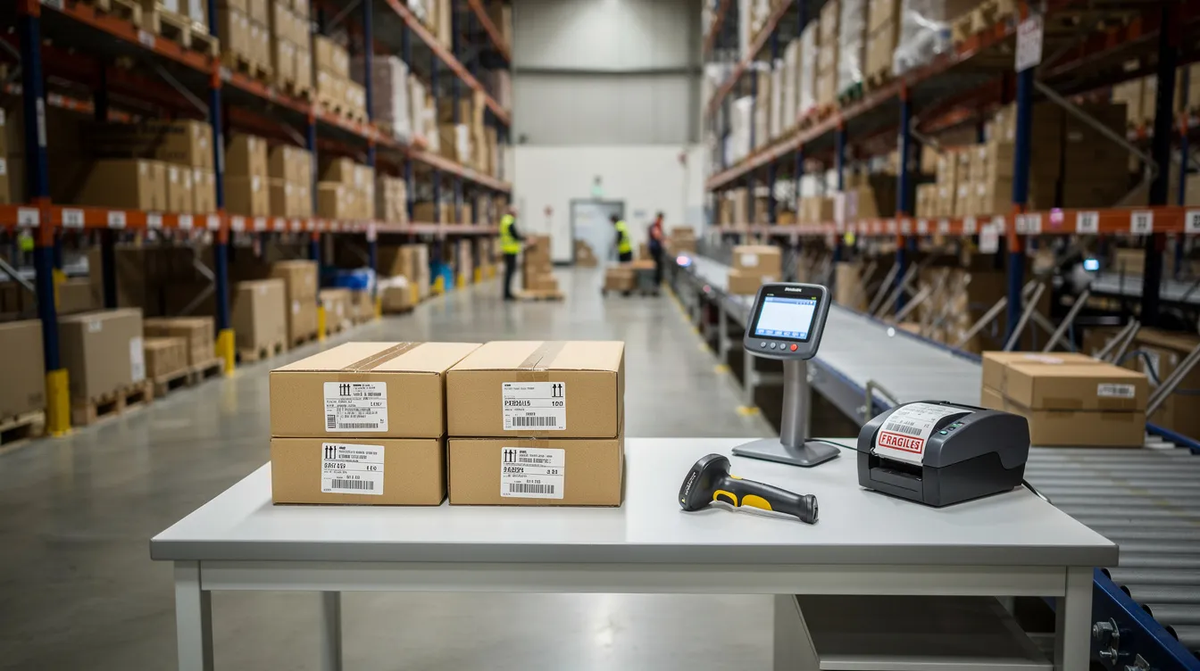 Billedet viser et lagerhus fyldt med pakker, der er klar til forsendelse, samt en scanner, der bruges til at registrere ordrene. Dette er et vigtigt skridt i lagerstyring for en webshop, hvor kunderne kan modtage deres digitale produkter hurtigt og effektivt.