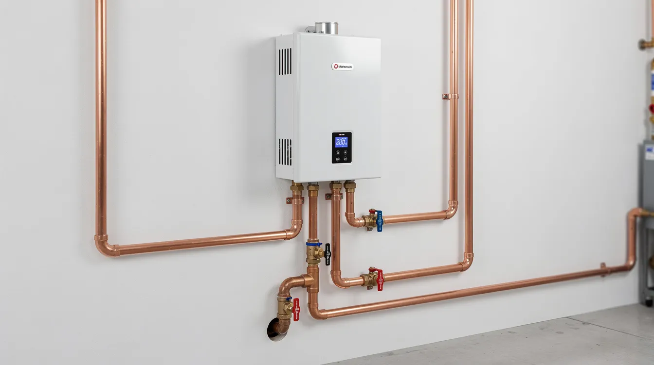 The image features a modern tankless water heater unit mounted on a utility room wall, showcasing copper piping connections that are part of an efficient plumbing system. This energy-efficient water heater provides reliable hot water solutions, suitable for both residential and commercial plumbing needs.