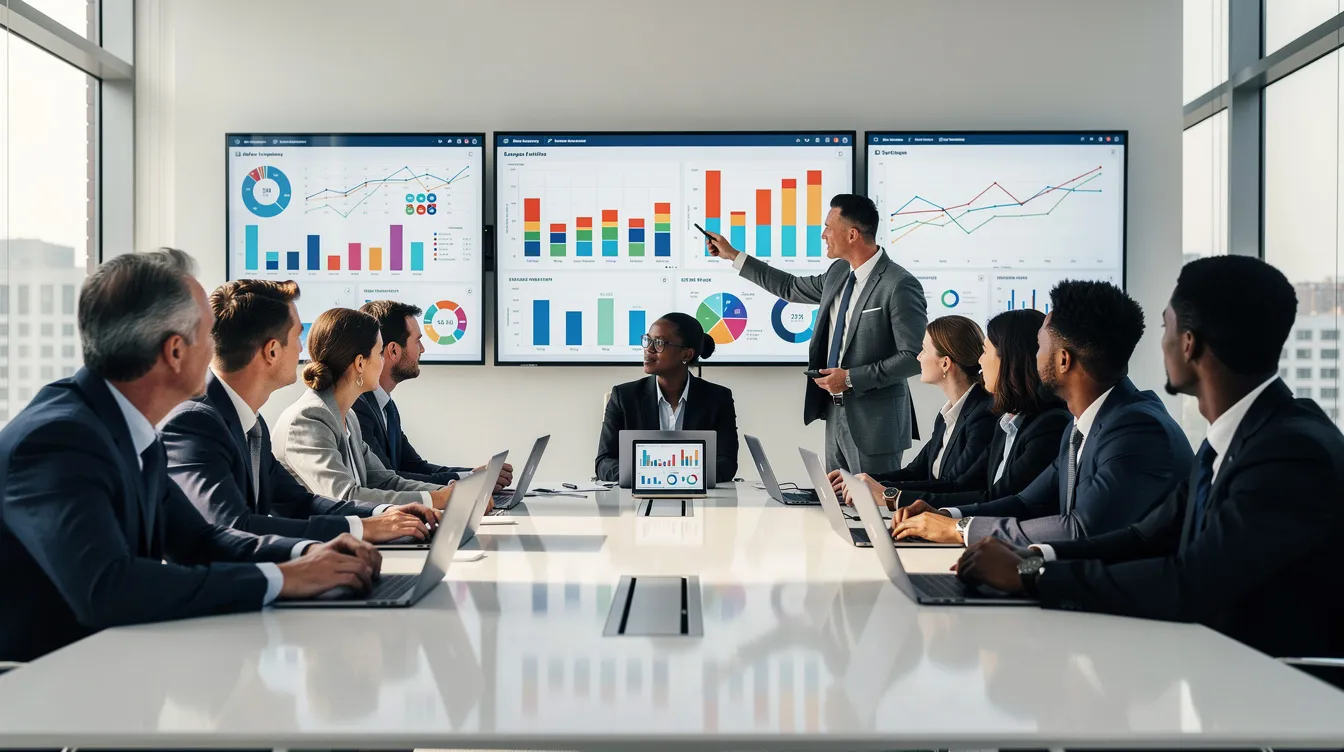L'image montre un groupe de professionnels réunis autour d'une table de conférence, discutant de stratégies digitales, avec des écrans affichant des données et des graphiques sur le chiffre d'affaires et le taux de conversion. Cette scène illustre l'importance de la transformation numérique dans le développement des entreprises et de leur présence sur les réseaux sociaux.