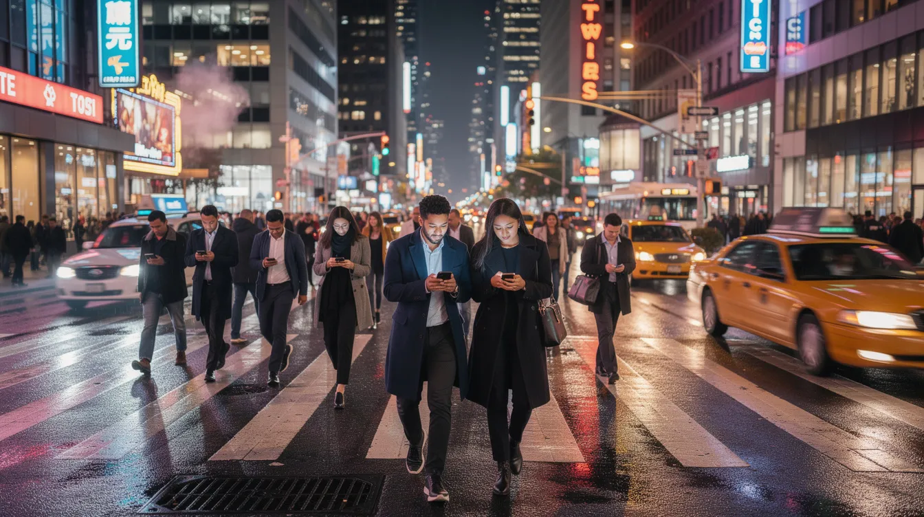 The image captures a bustling New York City street at night, filled with young professionals walking in groups and engrossed in their phones, reflecting the fast-paced dating scene and vibrant nightlife of the Big Apple. This lively atmosphere highlights the city's unique dating culture, where many seek meaningful connections through dating apps and social interactions.