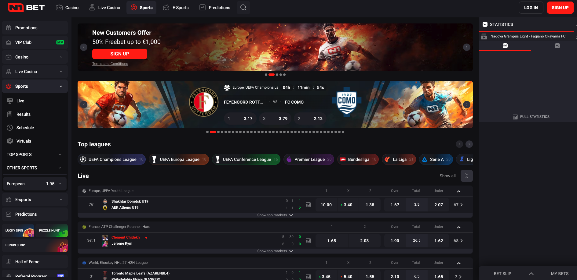N1Bet sportsbook homepage featuring live sports betting odds, football markets and a welcome free bet offer.