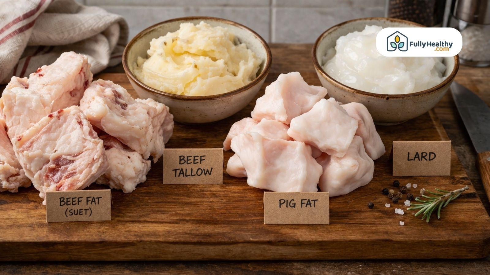 Raw beef fat and pig fat with rendered tallow and lard