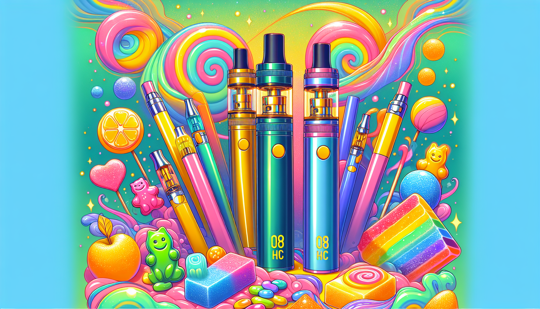 An illustration of various 08 OH HHC vapes, including vape pens and gummies.