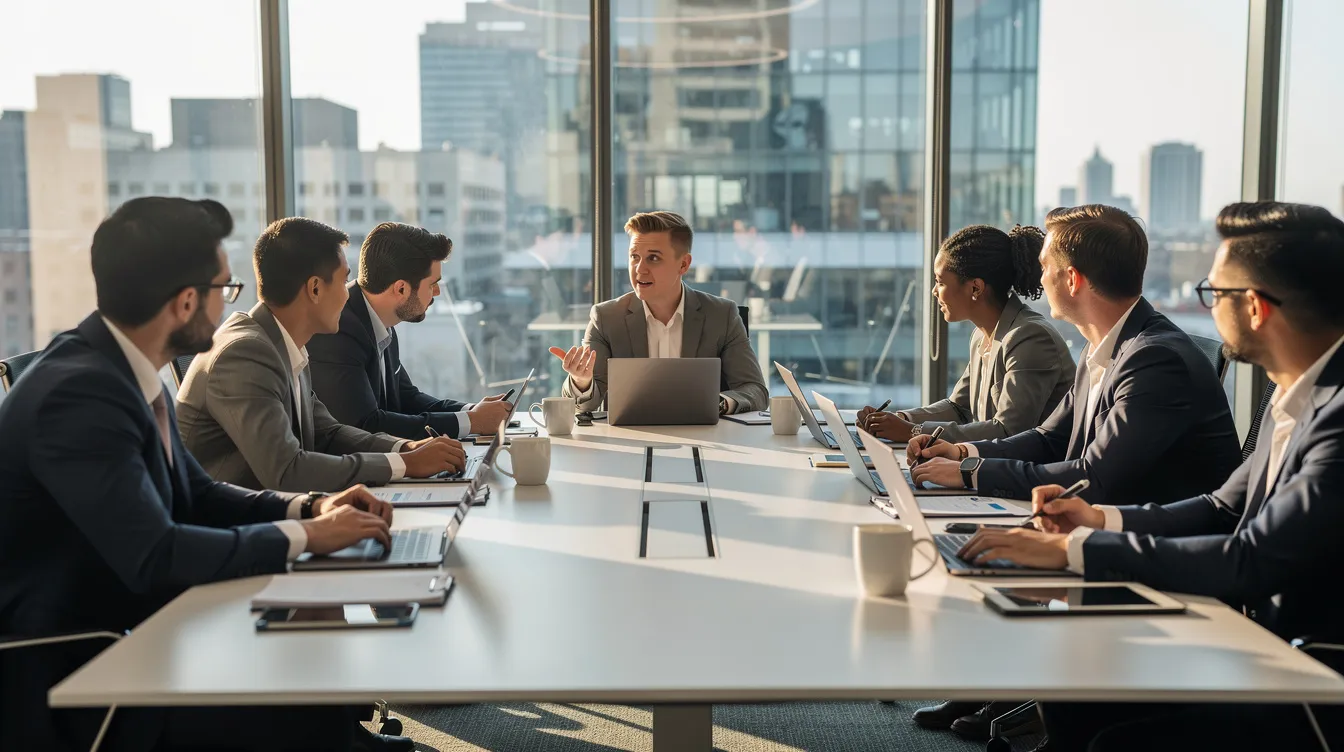 A diverse business team is engaged in a discussion around a conference table, with laptops open and notes in front of them, showcasing collaboration and brainstorming ideas. The atmosphere suggests a productive meeting, possibly utilizing ai tools for generating content and enhancing their workflow.
