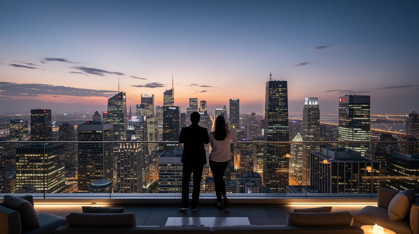Two silhouettes standing side by side on a penthouse balcony overlooking a city skyline.