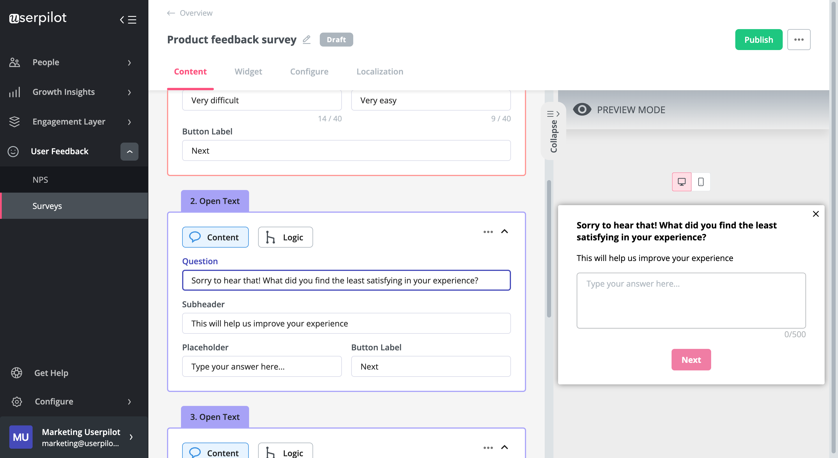 Create follow up questions in customer engagement surveys with Userpilot 