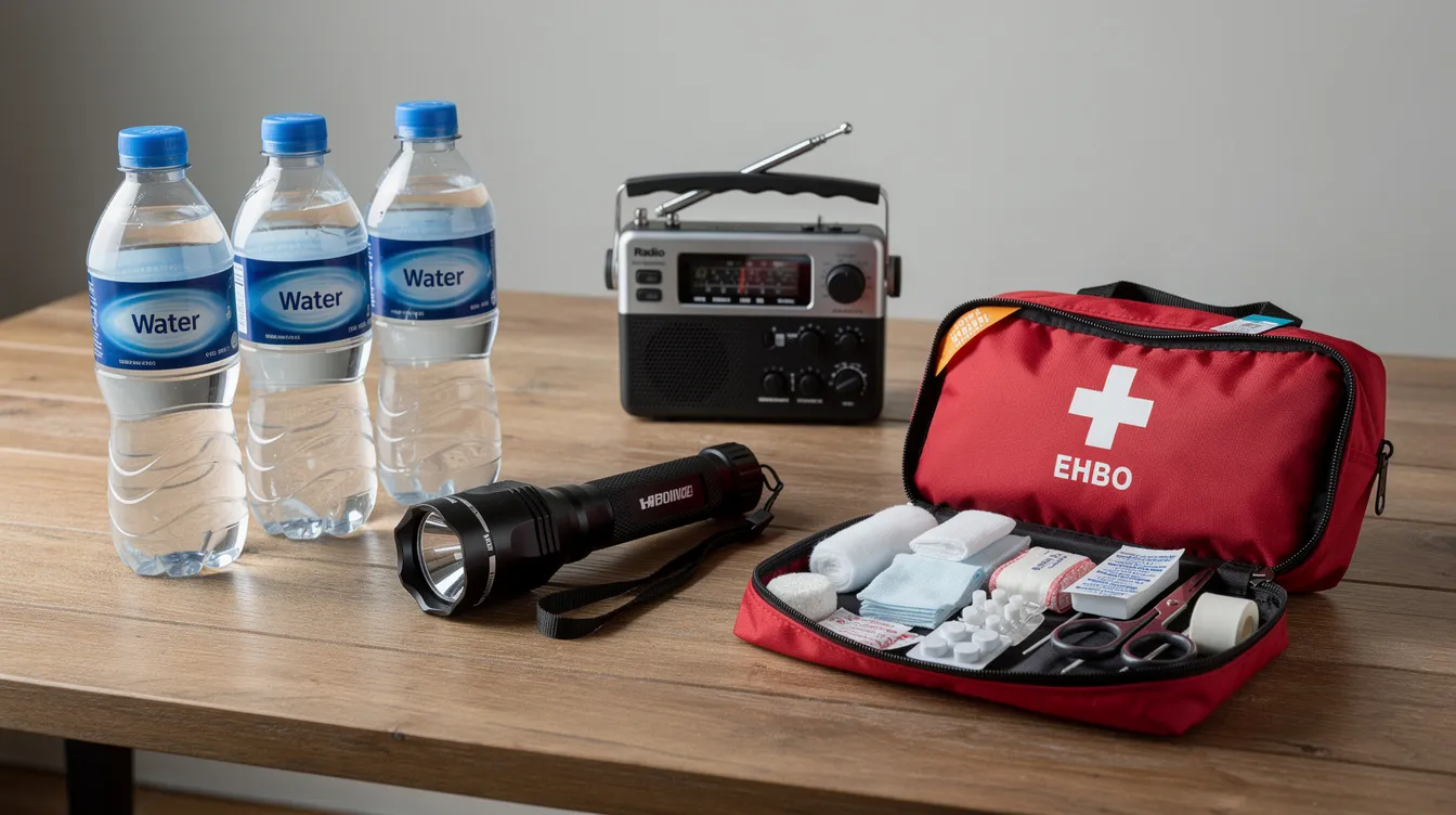Een noodpakket ligt op een tafel en bevat een zaklamp, waterflessen, een radio en EHBO-spullen, wat nuttig kan zijn in mogelijke noodsituaties zoals een grote stroomstoring of natuurrampen. Dit pakket is een voorbeeld van preppen, waarbij men zich voorbereidt op onverwachte gebeurtenissen om de zelfredzaamheid te waarborgen.