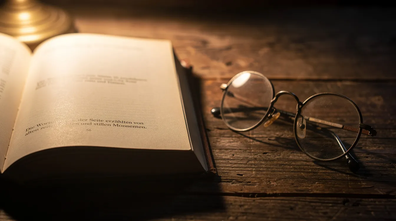 Auf einem Holztisch liegt ein aufgeschlagenes Buch, daneben eine alte Lesebrille, während warmes Lampenlicht eine gemütliche Atmosphäre schafft. Diese Szene könnte an die Gefängnisbibliothek aus "Die Verurteilten – The Shawshank Redemption" erinnern, wo Wissen und Hoffnung eine zentrale Rolle spielen.