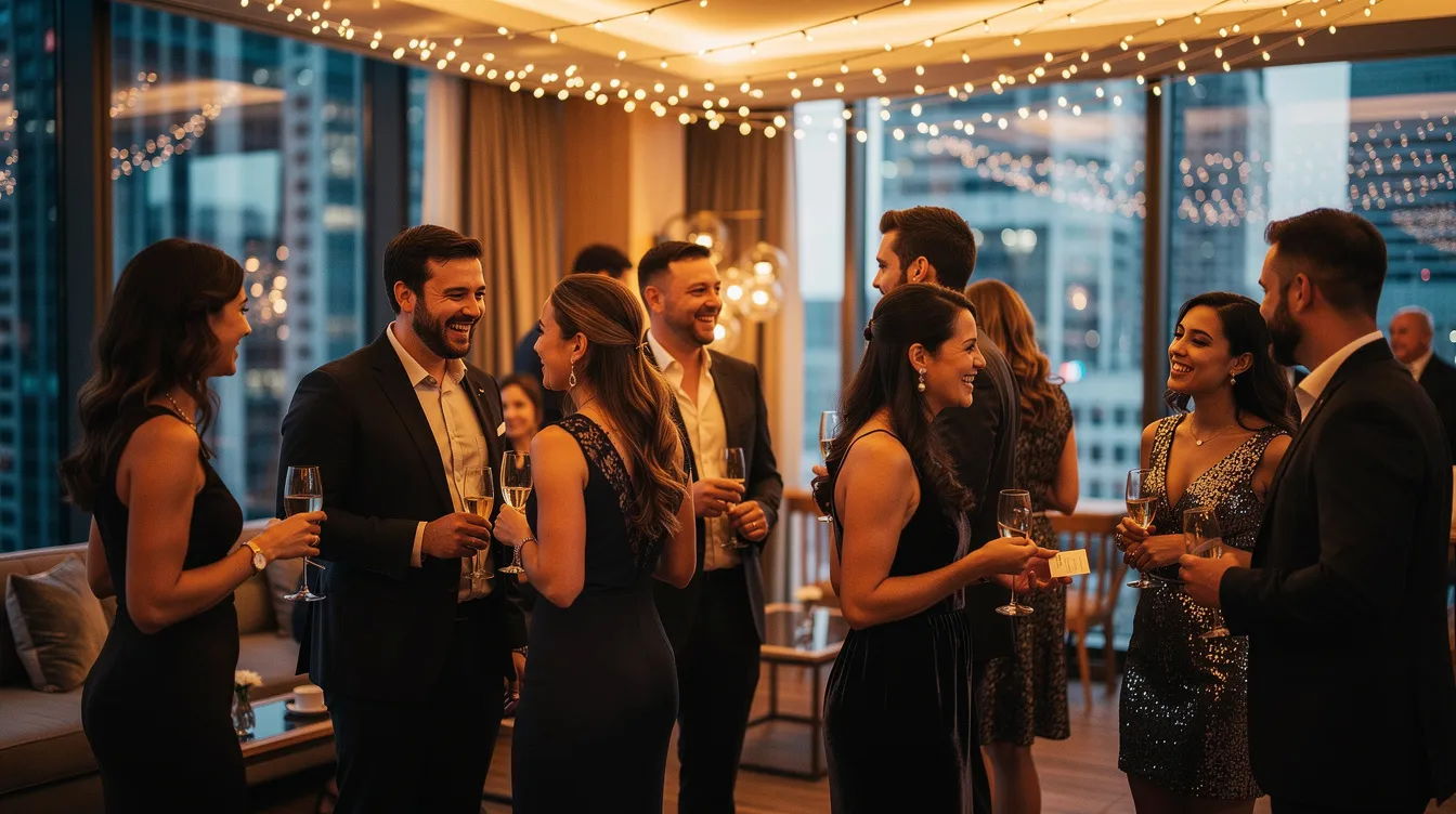 The image depicts a lively indoor social event where happy singles are networking under warm string lights, creating an inviting atmosphere for meaningful connections. This upscale gathering highlights the modern dating world, where participants engage in honest conversations and seek potential matches among a younger crowd.