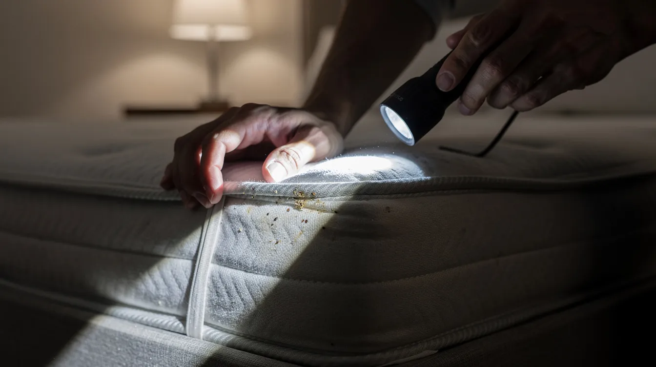 Bed Bug Identification: Complete Guide to Spotting Bed Bugs 5 A person is using a flashlight to closely inspect the seams of a mattress for signs of bed bugs, including adult bed bugs and their eggs, as part of a pest control effort to detect a potential bed bug infestation. The scene highlights the importance of accurate identification in preventing bed bug bites and ensuring mental hygiene in the sleeping environment.