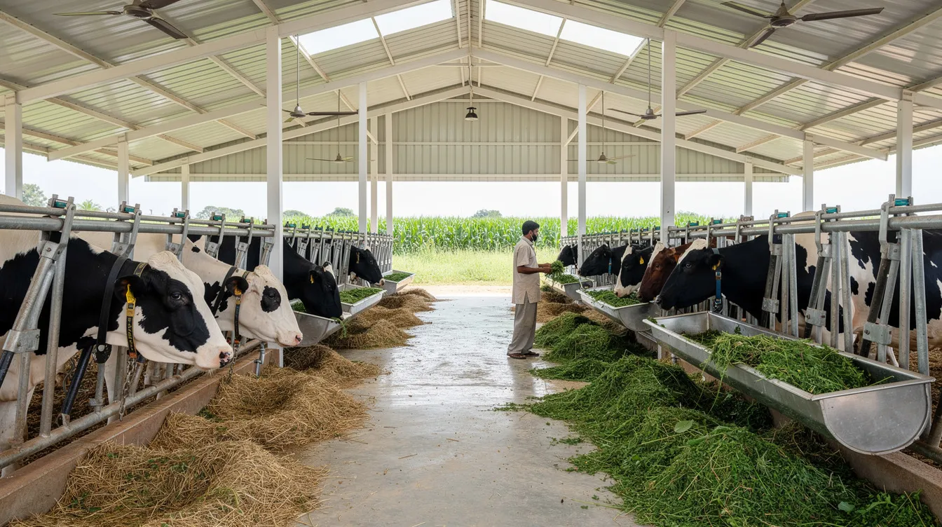 The image depicts a modern Indian dairy farm featuring clean, spacious sheds housing healthy cattle, illustrating sustainable practices in dairy farming. This setup reflects profitable agricultural business ideas that cater to the growing demand for dairy products in local markets.