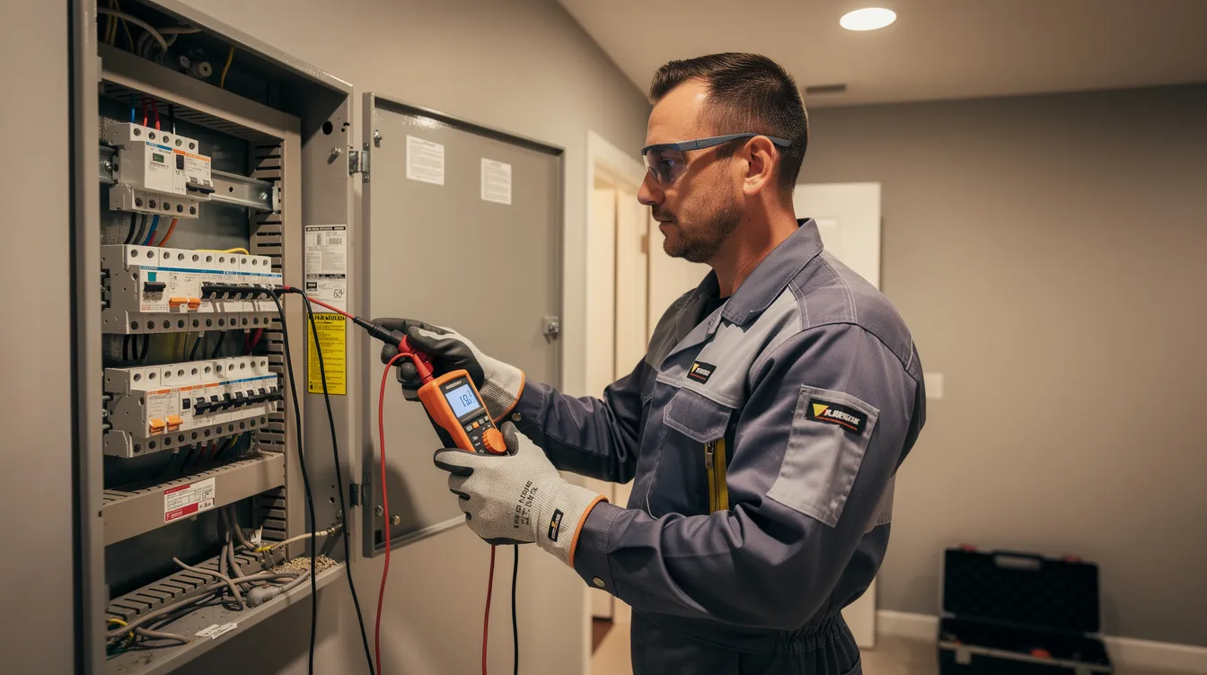 A professional electrician is carefully examining a residential electrical panel using testing equipment, ensuring safety and quality in their electrical work. This licensed electrician is focused on identifying any common electrical issues to provide homeowners with reliable service and free estimates.