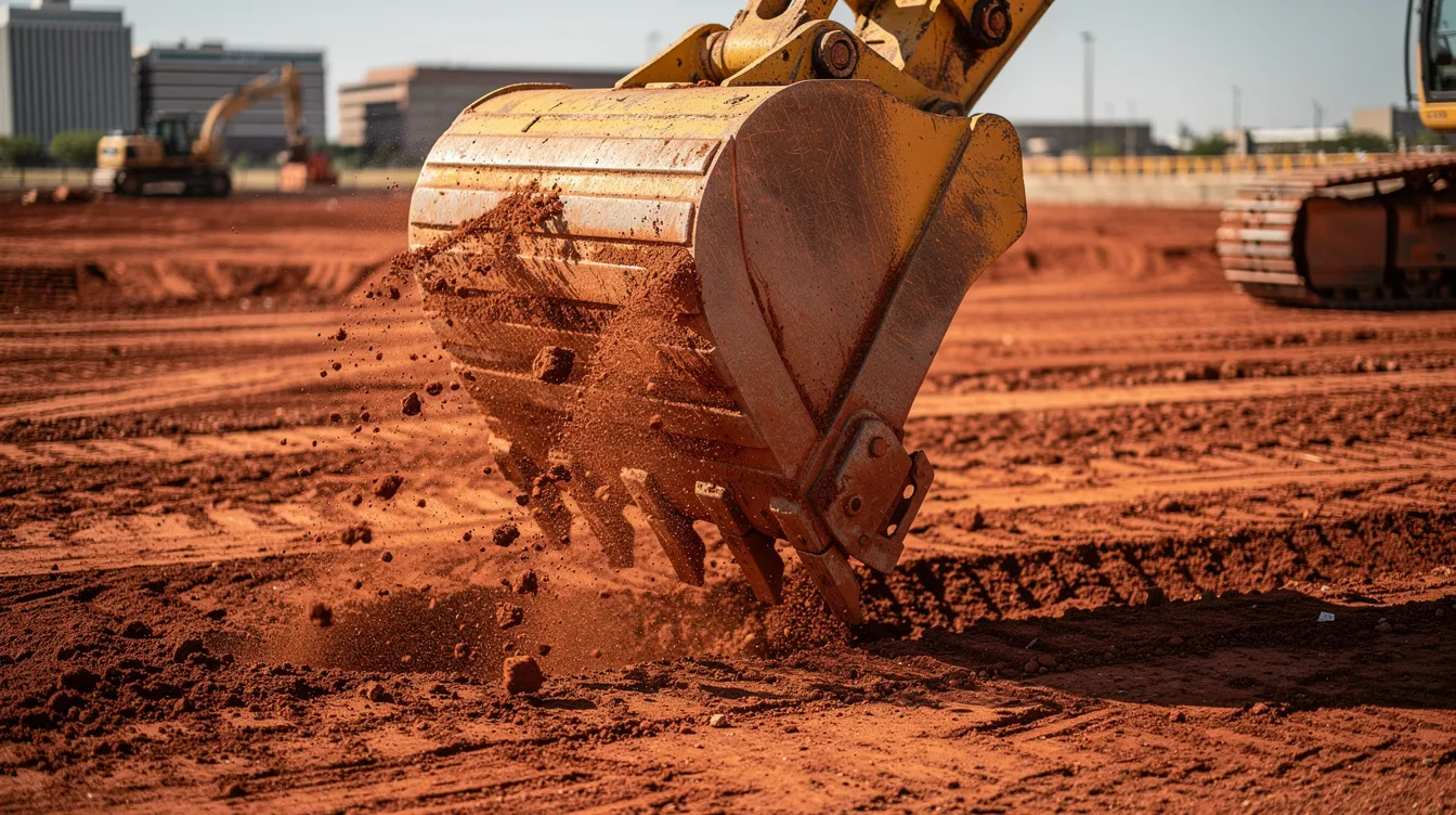 A close-up action shot captures a heavy construction excavator bucket scooping rich red clay soil at a site preparation location in Oklahoma City, showcasing the detailed texture of the soil and the industrial focus on earthmoving. The image highlights the excavation process involved in land clearing projects, emphasizing the precision and expertise of earthwork contractors in the area.