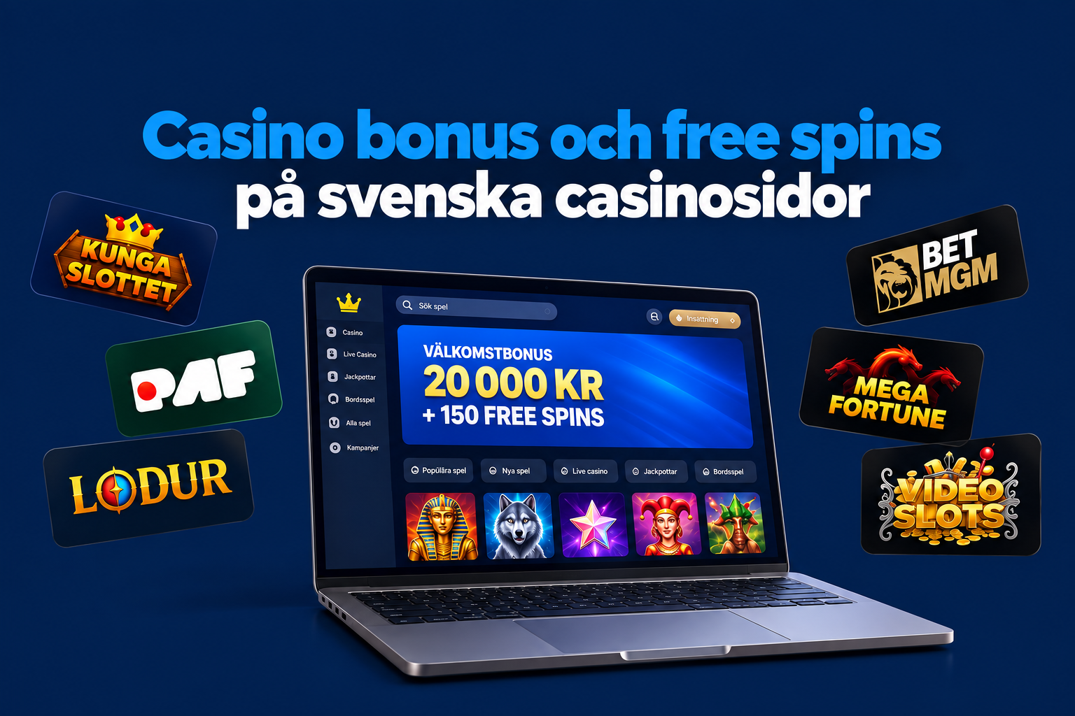 Bild på dator med olika casino loggor och casinobonus och free spins på svenska casinosidor