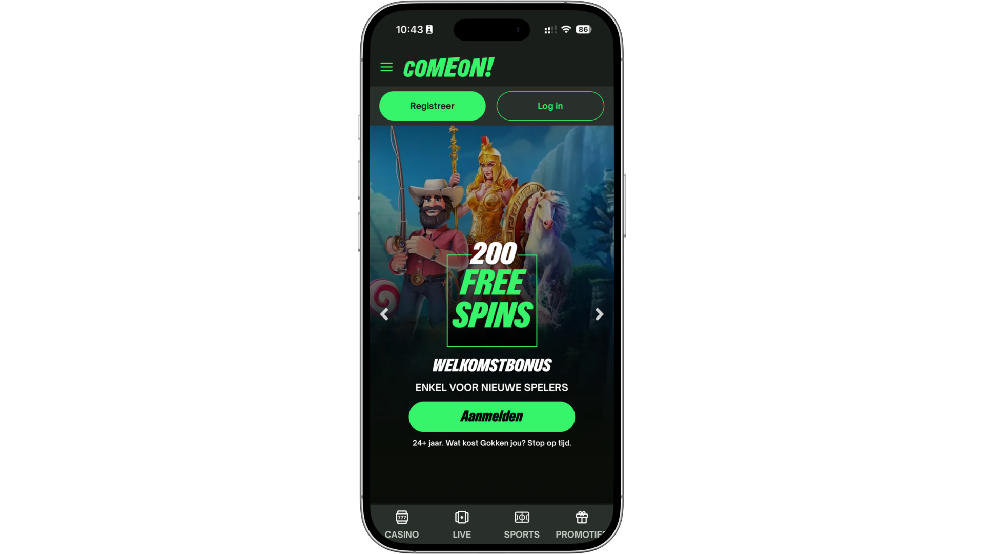 Scherm van de ComeOn casino app op smartphone met welkomstbonus en free spins, voorbeeld van een mobiele online casino app voor iOS en Android waar spelers live casino spellen en online kansspelen kunnen spelen via een legaal online casino.