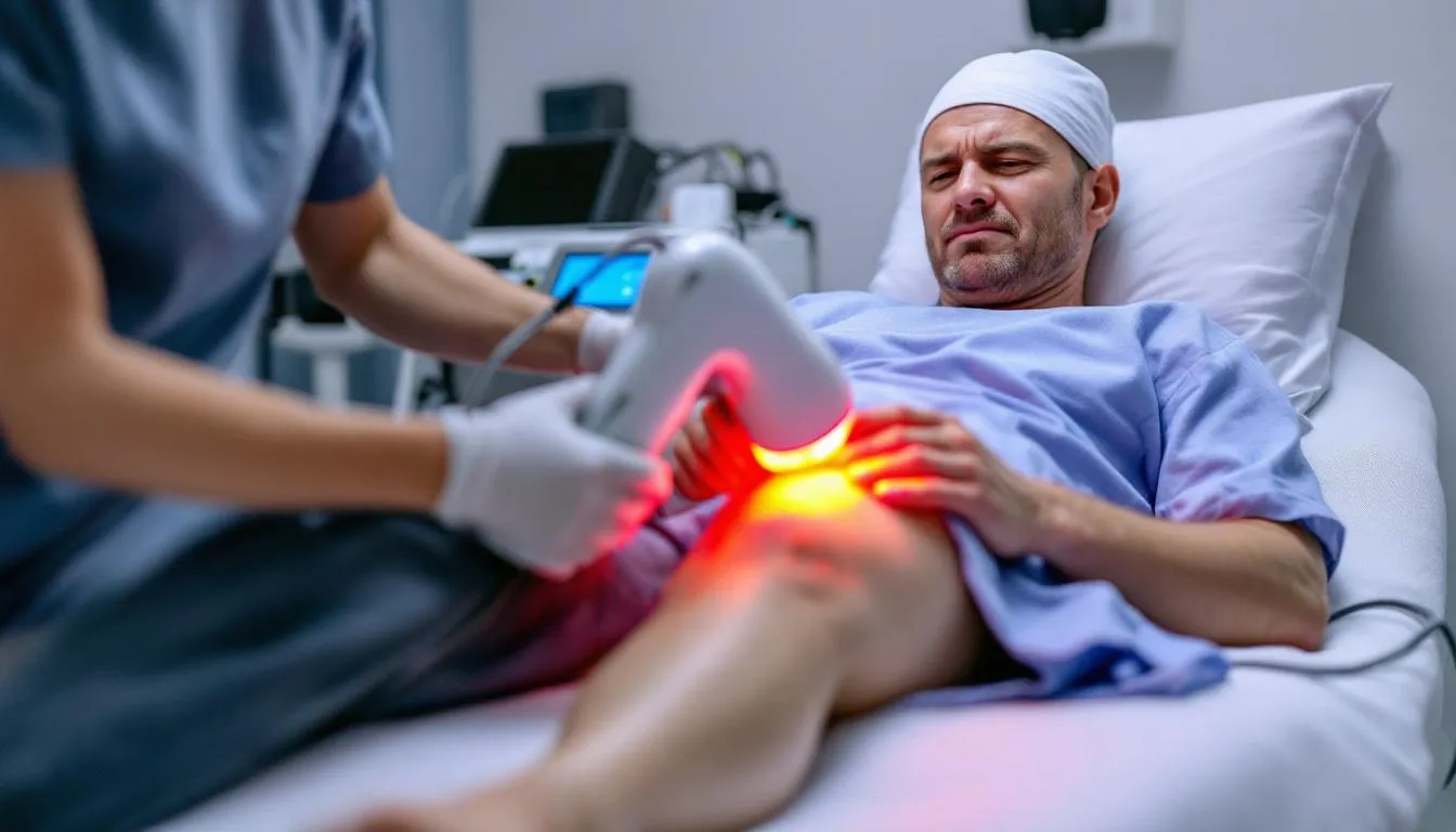 A person is receiving infrared therapy treatment on their knee in a clinical setting, utilizing a red light therapy device designed to alleviate knee pain and reduce inflammation. The therapy aims to promote joint recovery and muscle recovery through the application of powerful infrared light.