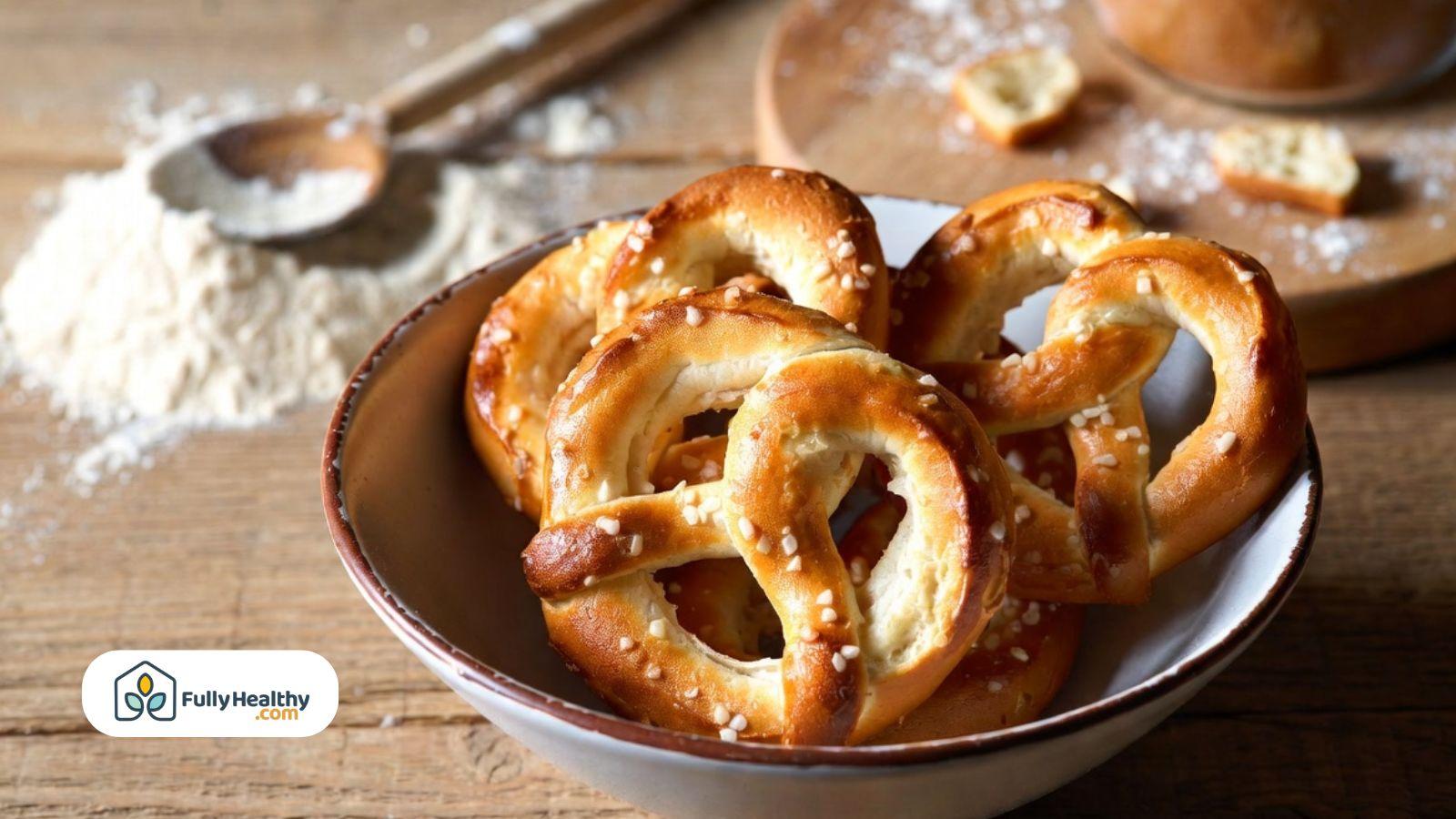 Homemade soft pretzels served in bowl with flour on wooden kitchen table.