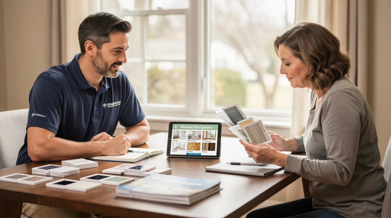 A franchise owner and a homeowner are seated at a dining table, examining product samples and a tablet displaying various window film options. This scene represents the interaction between business owners in the home services industry, showcasing mobile franchise opportunities that offer proven business models and ongoing support.