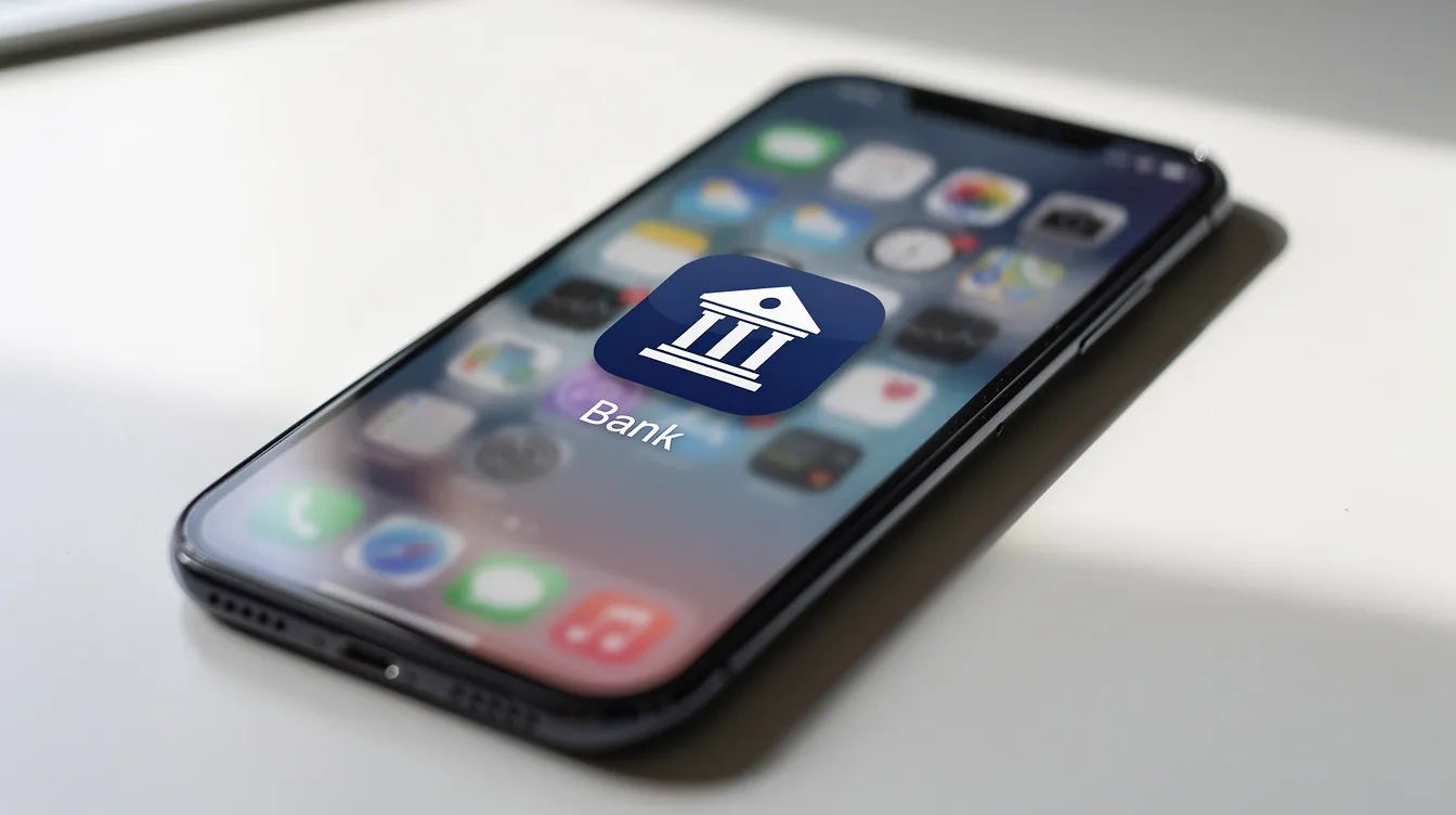 Na obrazku widoczny jest smartfon z wyraźną ikoną aplikacji bankowej na ekranie. Użytkownik może korzystać z tej aplikacji do zarządzania swoim kontem bankowym oraz zabezpieczyć się przed oszustwami internetowymi, które mogą prowadzić do wyłudzenia jego pieniędzy.