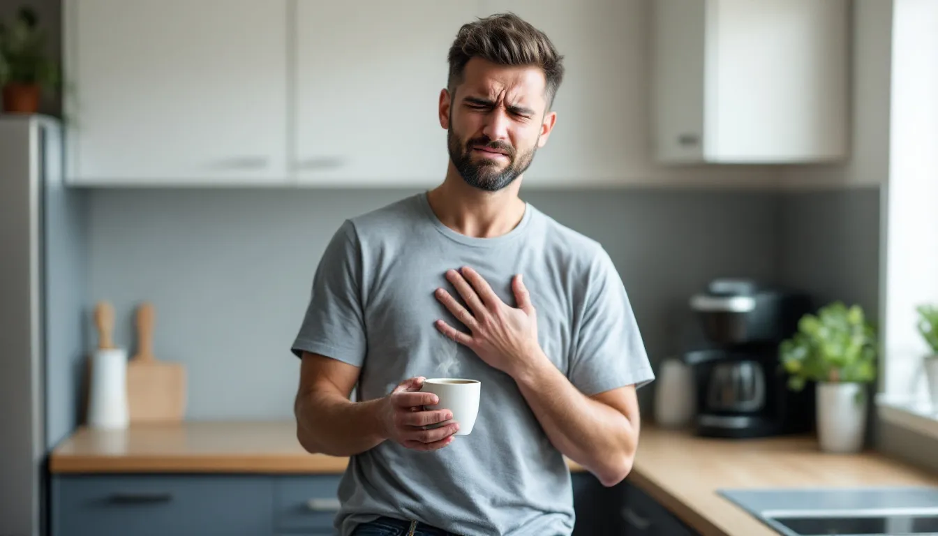 A person is holding a coffee cup and gently touching their chest, symbolizing the connection between drinking coffee and potential heartburn symptoms, such as a burning sensation caused by stomach acid. This image highlights the impact of coffee intake on digestive health, particularly for those who may experience acid reflux.