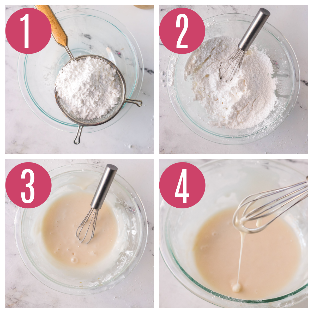 four step by step photos of making sugar cookie glaze