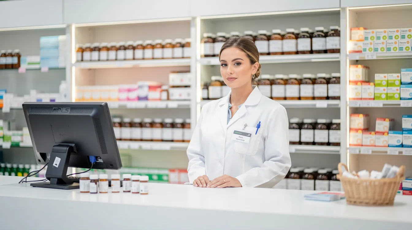 A pharmacist stands behind a counter filled with various medication bottles and organized shelving, ready to assist patients on their longevity health journey by providing personalized treatment plans and guidance on medications like generic rapamycin for optimal health. The setting emphasizes the importance of informed consent and healthcare providers in managing age-related diseases and promoting healthy aging.
