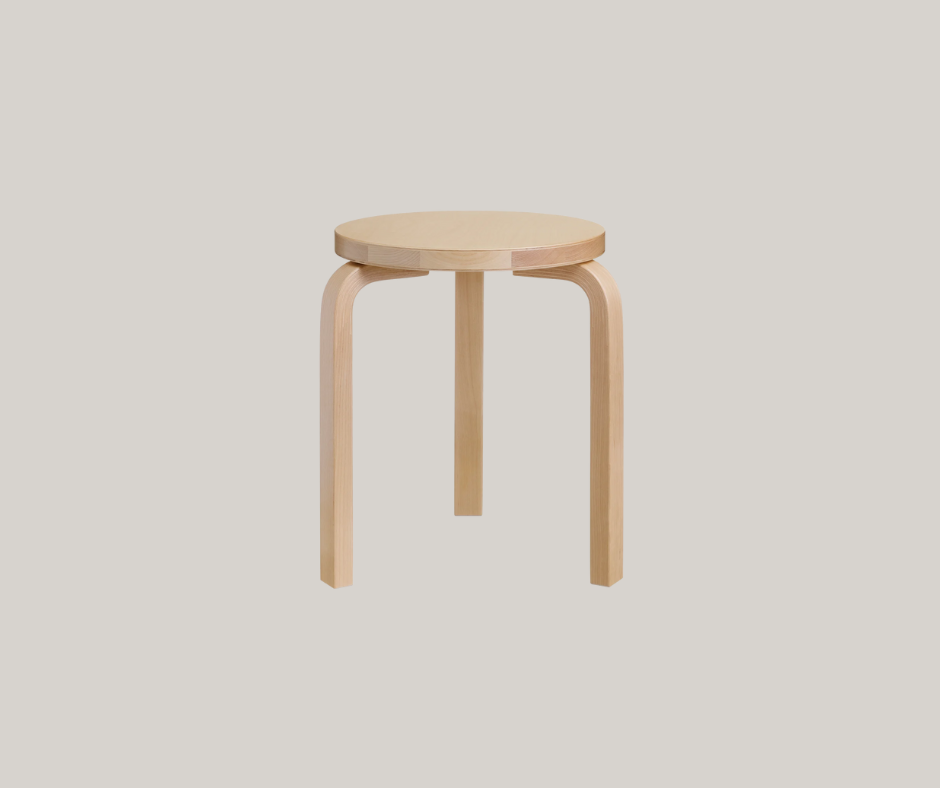 Simple three-legged round birch stool with bent-wood legs, shown on a neutral background.
