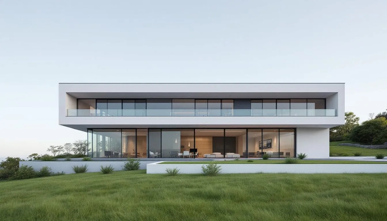 De afbeelding toont een moderne nieuwbouwwoning met grote glasoppervlakken en strakke lijnen, waarbij de kozijnen zijn uitgevoerd in stijlvolle moderne grijstinten. Deze woning is een voorbeeld van het gebruik van k vision classic kozijnen, die bekend staan om hun uitstekende isolatiewaarden en onderhoudsarm ontwerp.