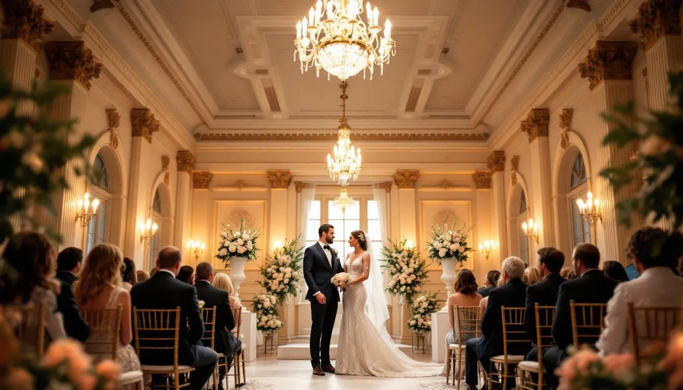 Das Bild zeigt ein Brautpaar, das in einem der eleganten Trauräume des Standesamts Mannheim während ihrer Zeremonie steht. Umgeben von festlich dekorierten Räumlichkeiten, strahlen sie Freude und Glück aus, während sie sich das Ja-Wort geben.