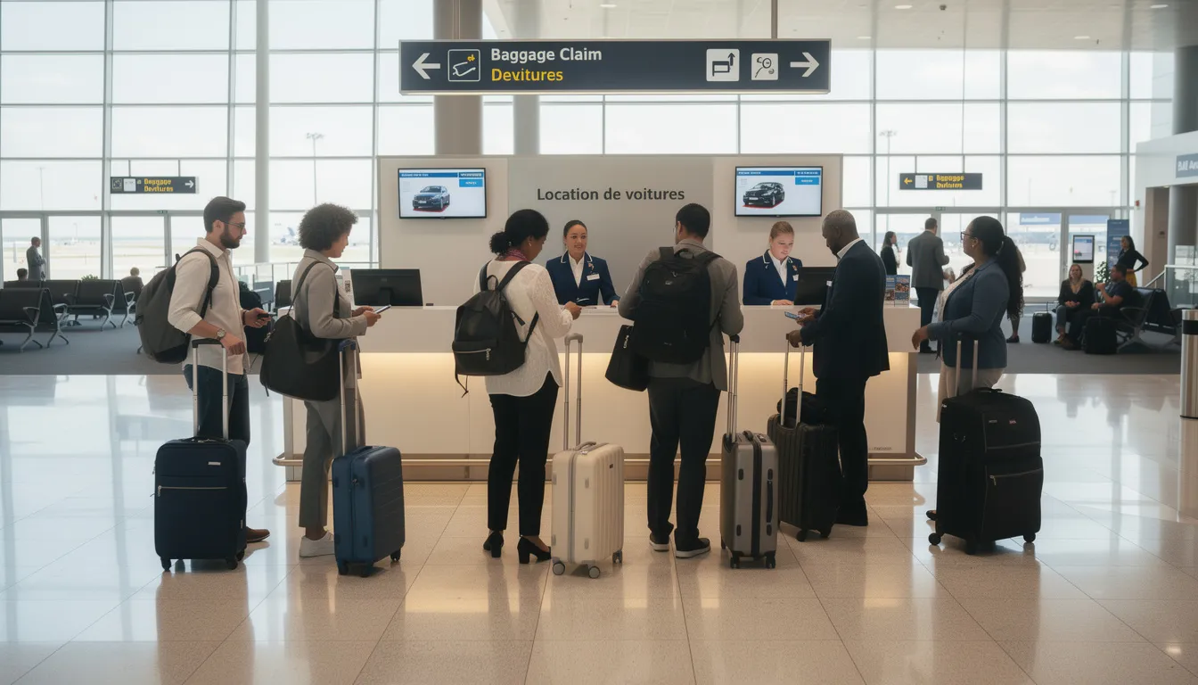 L'image montre un comptoir de location de voitures dans un hall d'aéroport, où plusieurs clients font la queue pour louer un véhicule. On peut apercevoir des affiches avec des offres de location et des informations sur les tarifs et les services disponibles.