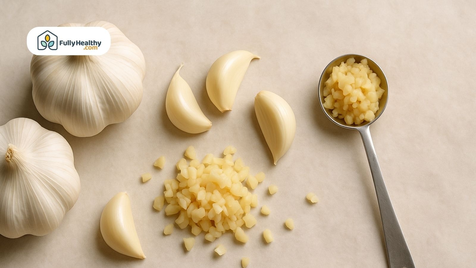 Several garlic cloves and minced garlic beside a measuring spoon