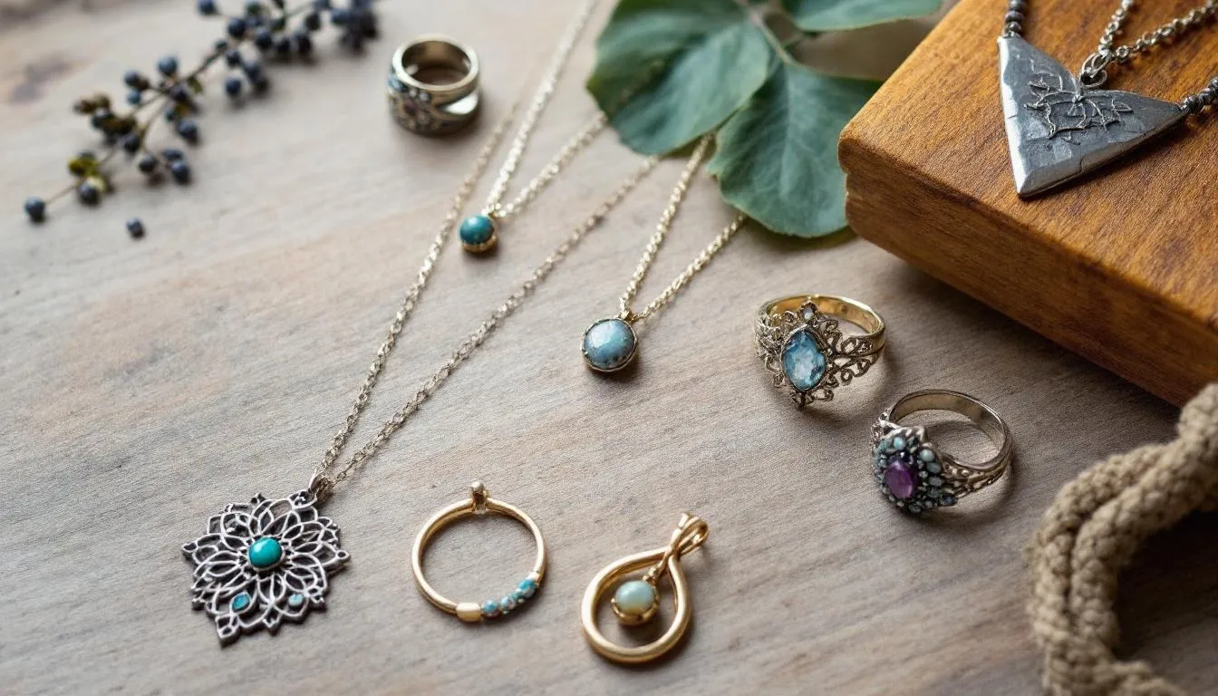 This image showcases a stunning collection of handcrafted artisan jewelry, featuring unique pieces such as earrings, bracelets, and necklaces made from precious metals and gemstones. Each item reflects the artistry of master craftsman techniques, highlighting the beauty and individuality of sustainable, high-quality jewelry.