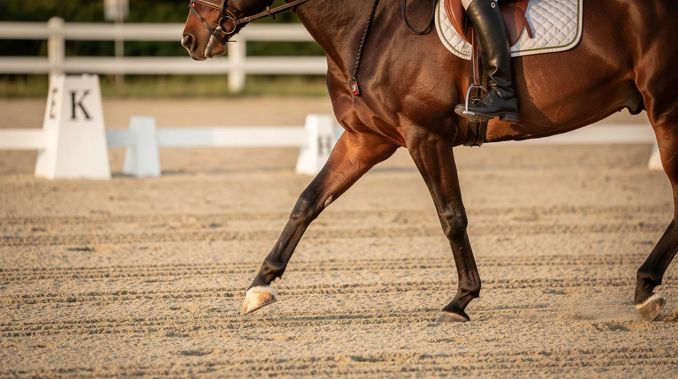 A close-up view captures a horse executing a shoulder-in movement in a sand dressage arena, with white letters lining the fence, emphasizing the precision and grace inherent in classical dressage training. This image highlights the harmonious partnership between horse and rider, showcasing the importance of balance and correct basics in competitive dressage.