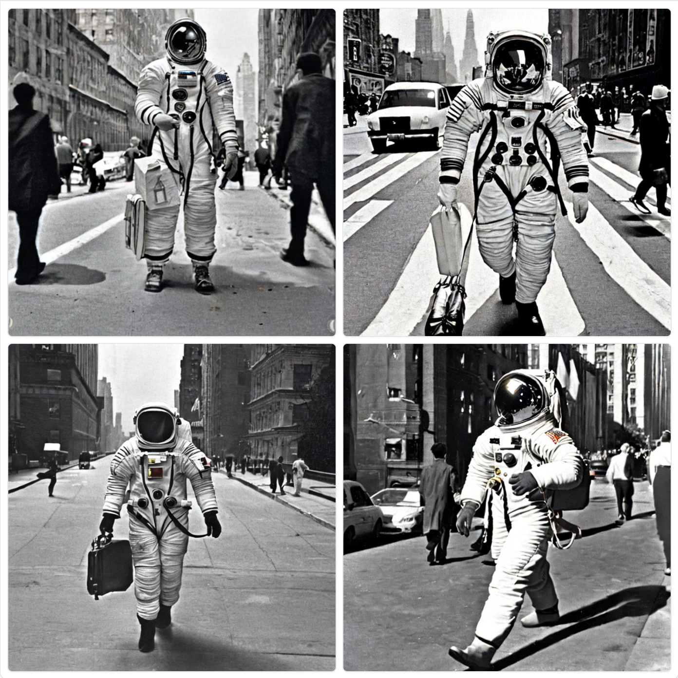 4 images of an astronaut walking through retro New York holding a bag